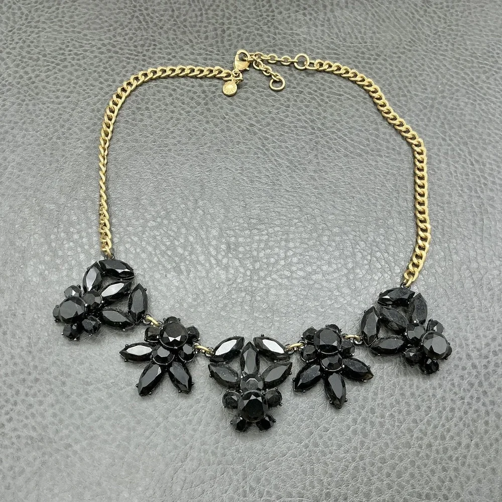 J.Crew‎ Necklace Gold Tone Black Beaded Flower Bib Womens Statement Jewelry